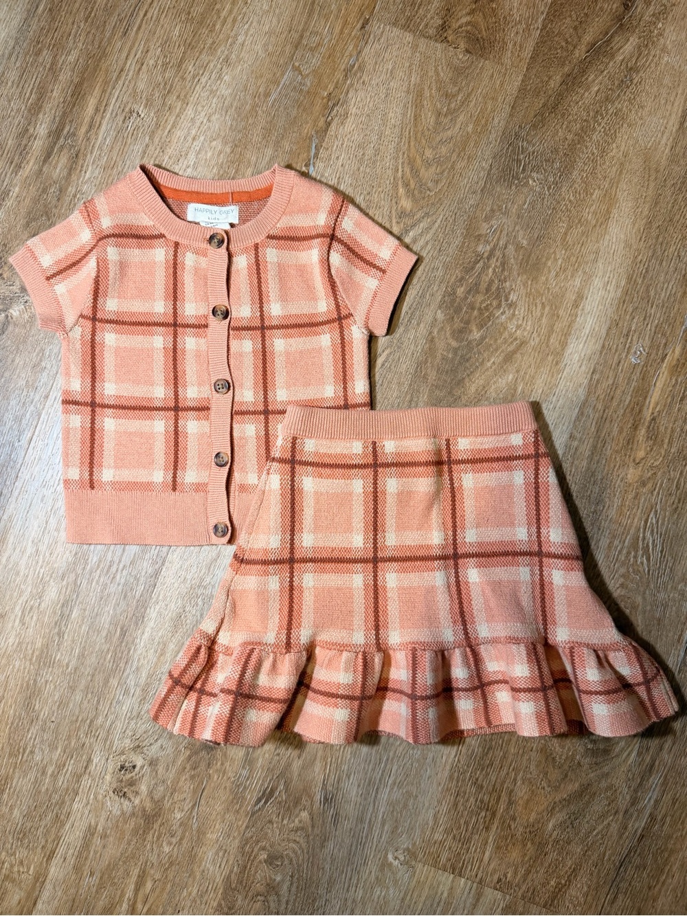 Happily Grey Kids Peach Plaid Knit Cardigan & Ruffle Skirt